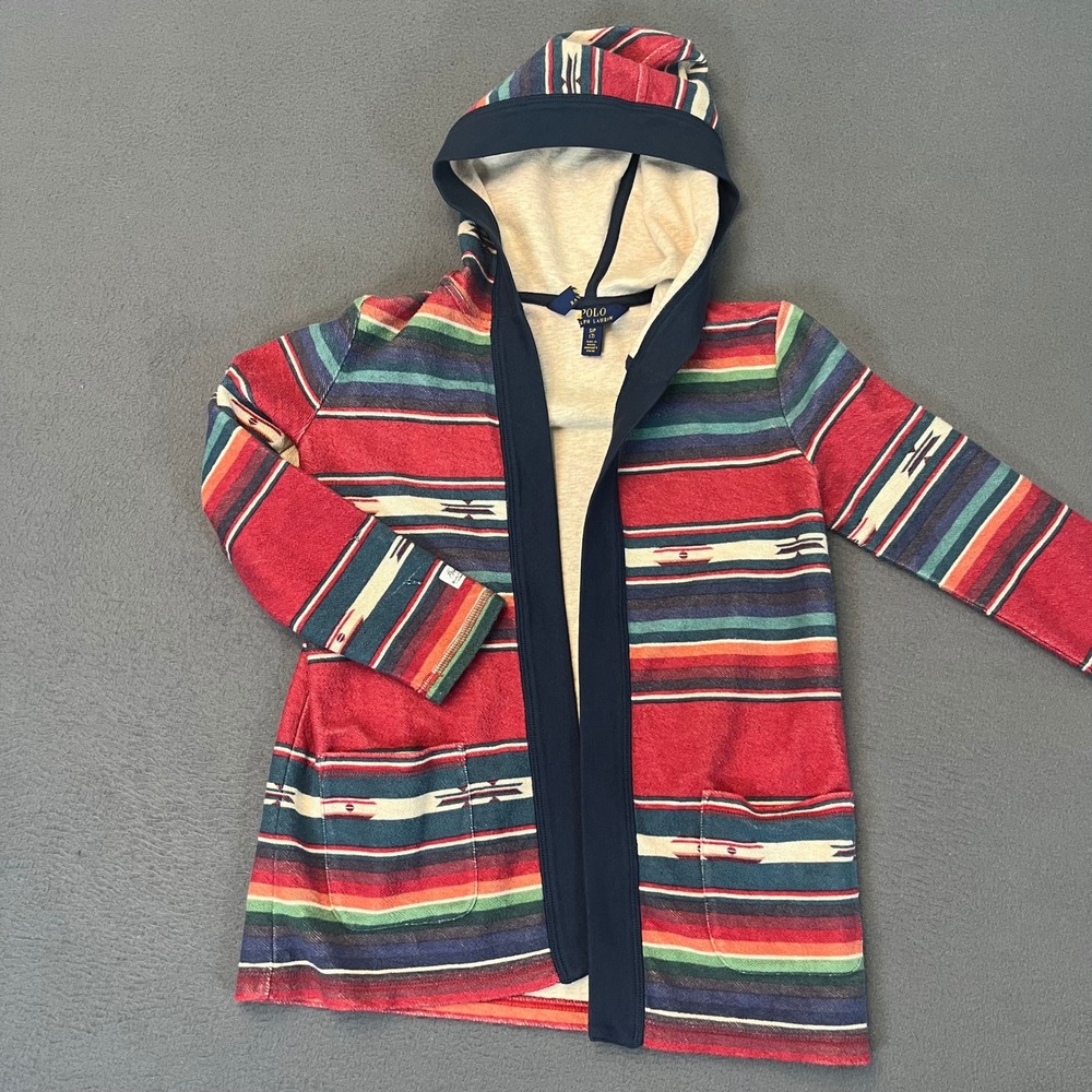 Polo‎ Ralph Lauren Unisex 7 Southwestern Serape Stripe Hooded Cardigan Wrap Red